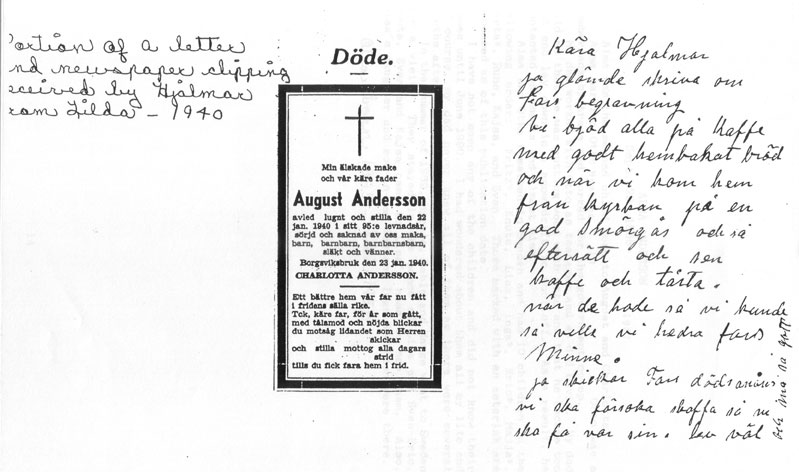 Newspaper clipping and letter from Tilda to Hjalmar